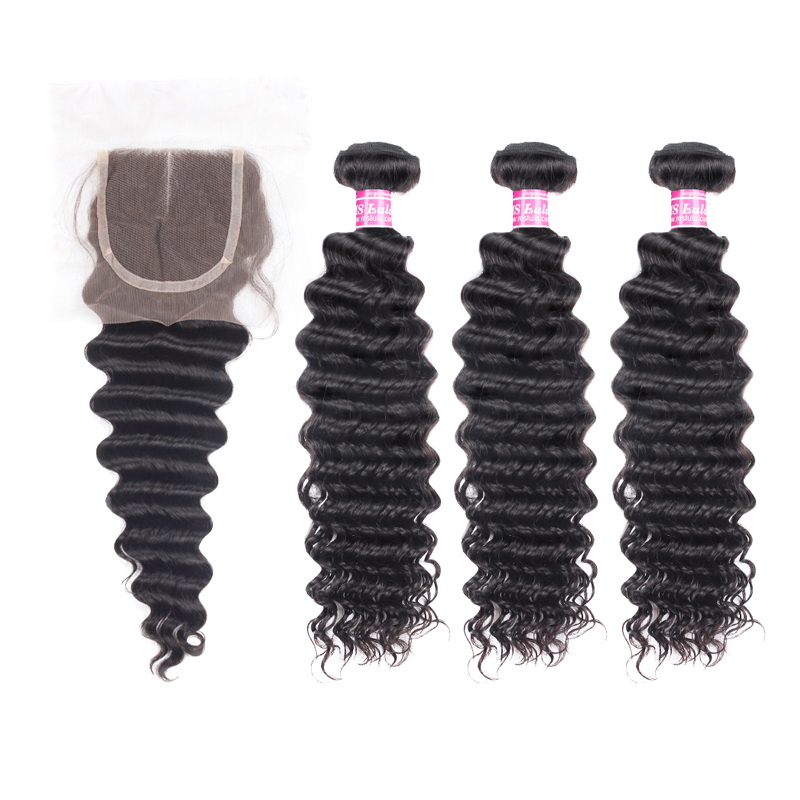 Virgin Deep Wave Hair Bundles With 1 Lace Closure